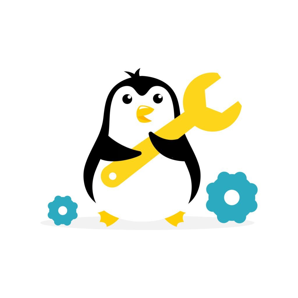Penguin service-center. Repair of refrigerators and freezers. Mascot cartoon vector illustration. Arctic bird.