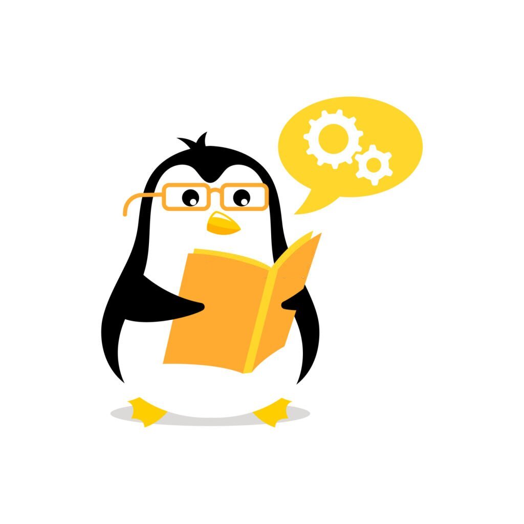 Penguin reading guide book. Mascot cartoon vector illustration. Arctic bird.