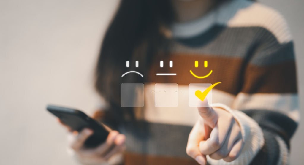 Customer service evaluation concept. woman client pressing smiley face emoticon on virtual touch screen. best rating positive, quality review, feedback survey, marketing performance, satisfaction user